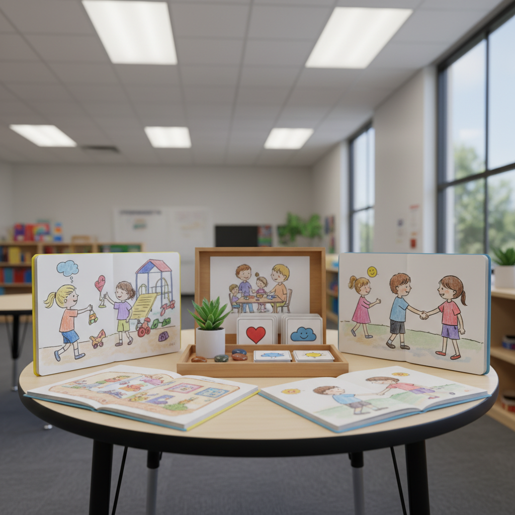 A small, round classroom table set up for a reading circle, with several open children’s books laid out in a gentle arc, each showing different illustrated scenes of school life, family moments, and solving conflicts, all without text. In the center of the table sits a simple wooden tray containing smooth worry stones, emotion cards with symbolic icons, and a tiny potted plant, suggesting growth and resilience. Overhead fluorescent lights are softened by diffusers, creating an even, classroom-appropriate brightness, while a nearby window adds a touch of natural light. Photographic realism, captured from a standing, slightly elevated angle, ensuring all objects are clearly visible. The atmosphere is structured yet warm, evoking a caring educational environment where stories are tools for teaching life skills.