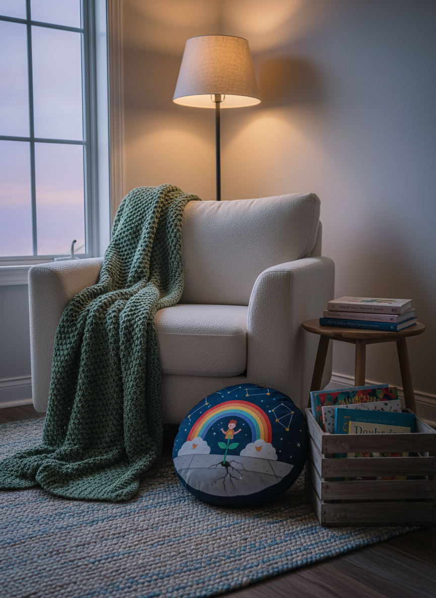 A cozy reading nook tucked into the corner of a family living room, featuring a deep-cushioned armchair draped with a soft, knit throw and a small side table stacked with children’s chapter books about courage, friendship, and navigating change, their covers illustrated but text-free. A plush, well-used storytime pillow rests on a textured rug below, beside a wooden crate filled with more fiction books. Warm, indirect lamplight and faint evening light from a nearby window combine to create a gentle, intimate glow, with soft shadows adding depth. Photographic realism, captured from a three-quarter angle at seated eye level, emphasizing comfort and safety. The mood is reassuring and reflective, appealing to concerned parents seeking stories that help children process real-world issues through narrative.