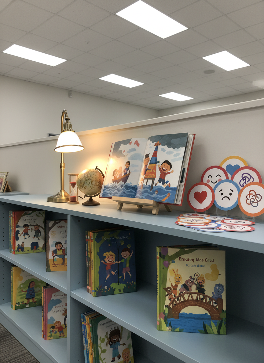A low, child-height bookshelf in a modern classroom, filled with neatly arranged, colorful children’s novels that subtly depict scenes of friendship, resilience, and solving problems together, without visible titles. On top of the shelf sits a small, vintage-style reading lamp with a warm glow, illuminating a single open book propped on a wooden stand. Around it are tactile learning objects: a small globe, a sand timer, and a set of emotion-themed story cards illustrated only with expressive faces and simple icons. The lighting is a blend of soft overhead classroom light and the lamp’s warm pool, creating a focused, reflective spot. Photographic realism, shot from a slightly low angle to match a child’s viewpoint, giving a grounded, thoughtful atmosphere that emphasizes learning through storytelling.