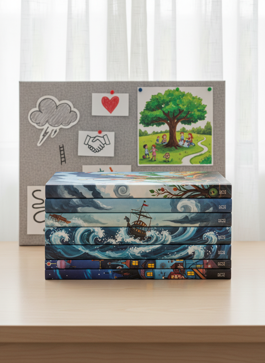 A stack of diverse children’s fiction books arranged neatly on a smooth, light birch desk in a cozy reading corner, each cover featuring imaginative scenes like a city at night, a stormy sea, and a peaceful park, all without visible text. Behind the books, a soft fabric notice board displays simple, hand-drawn symbols of emotions and everyday challenges, like a storm cloud, a heart, and a handshake. Natural window light diffuses through sheer curtains, creating a calm, even illumination. Photographic realism with a clean, modern aesthetic, captured at eye level with a moderate depth of field, keeping the entire stack sharp while the background blurs slightly. The atmosphere feels professional yet warm, ideal for teachers and parents searching for meaningful stories for children.