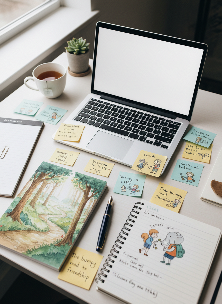 A neat author’s desk set up for crafting children’s fiction, with a slim laptop displaying a blank, softly glowing page, surrounded by handwritten story notes, sticky pages with small doodles of animals and children facing everyday dilemmas, and a well-used fountain pen. Beside the laptop lies a single, printed manuscript bound with a simple clip, its cover decorated only with an evocative illustration of a path through a forest, symbolizing a child’s journey. A nearby window lets in overcast, diffused daylight, creating a calm, even illumination without harsh shadows. Photographic realism, shot from an overhead, top-down perspective, making the arrangement feel intentional and organized. The mood is professional, focused, and quietly creative, reinforcing the idea of carefully crafted stories addressing children’s real challenges.